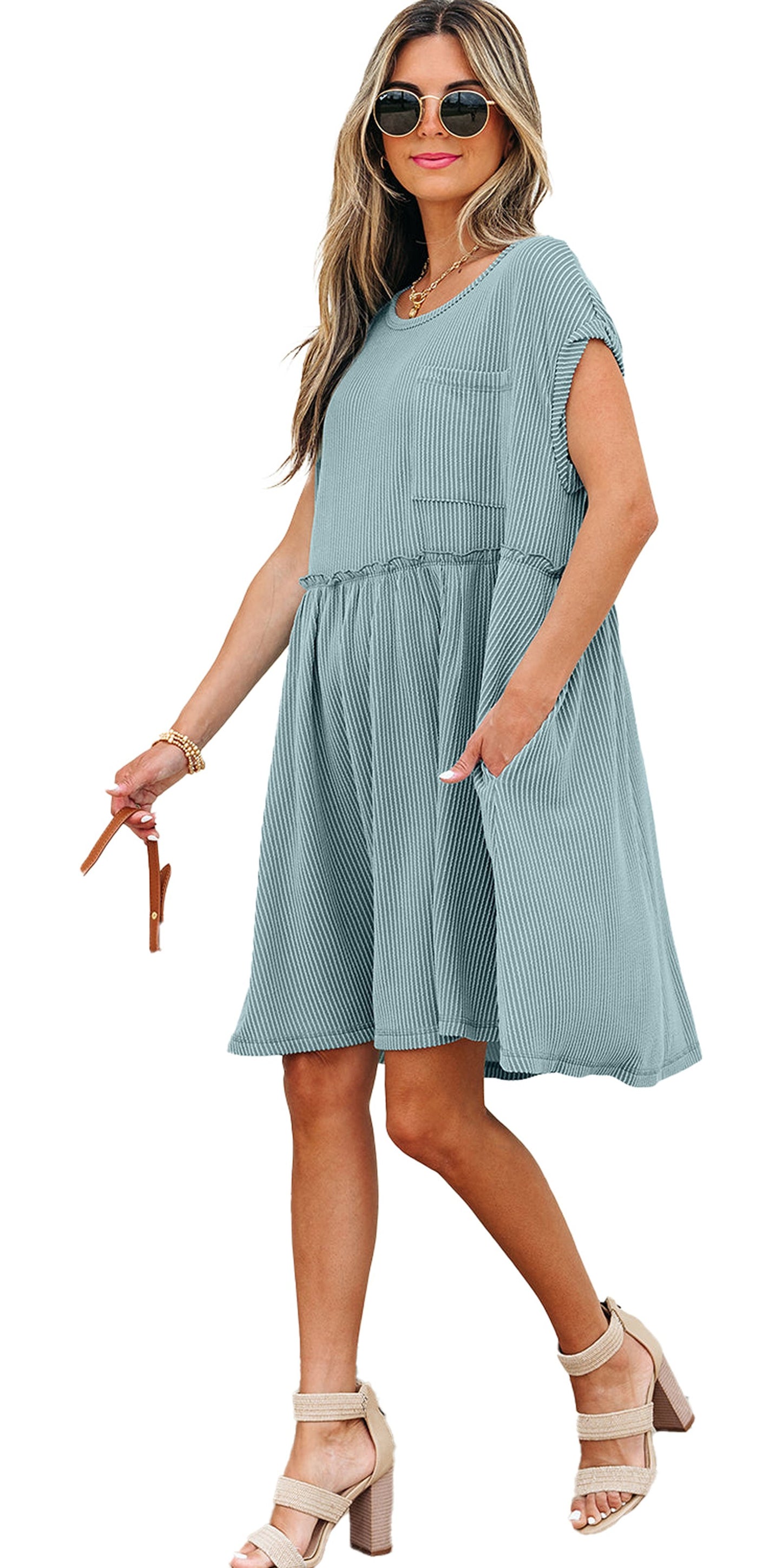 Dusty pink swing mini dress with short sleeves and side pockets for casual summer wear