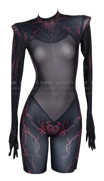 D.Va cosplay bodysuit for women featuring a sheer design with intricate patterns and long sleeves