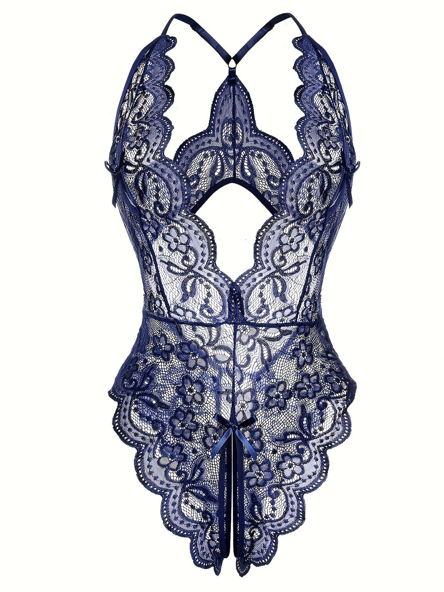 Sultry Floral Lace Bodysuit - Backless, Semi-Sheer, Open Crotch