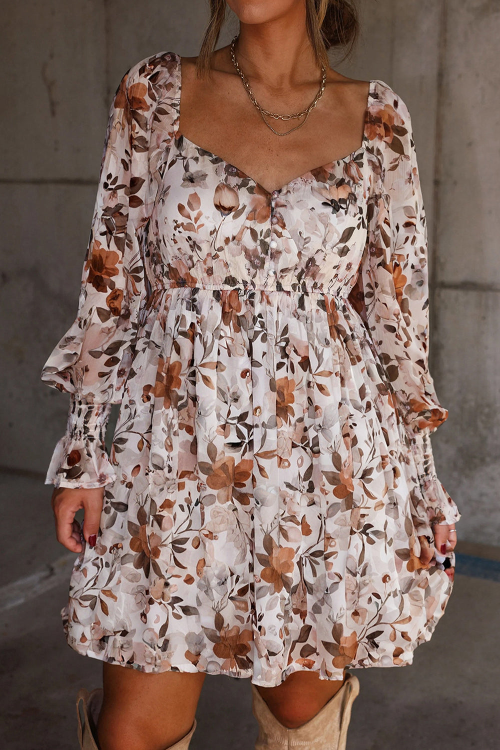 White Floral Print Mini Dress Boho