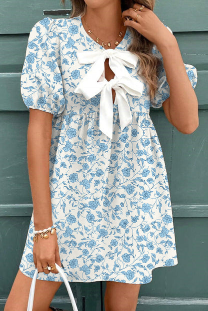 Sky Blue Leopard Mini Dress Puff-Sleeve Bow