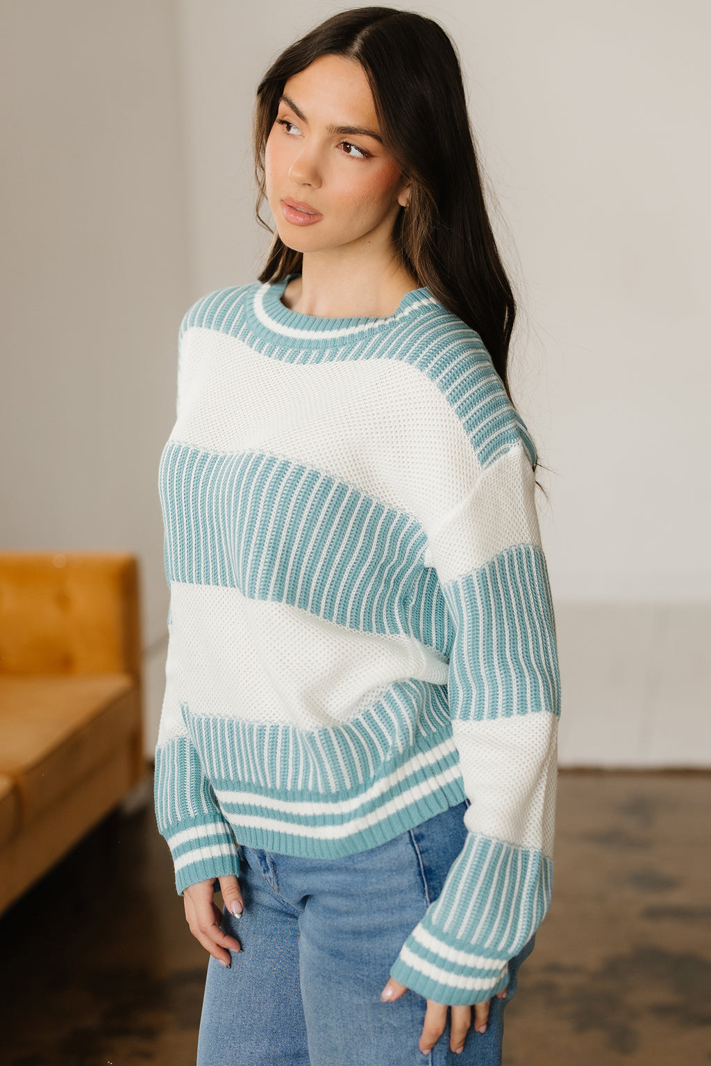 Brown Striped Patchwork Sweater For Trendy Look