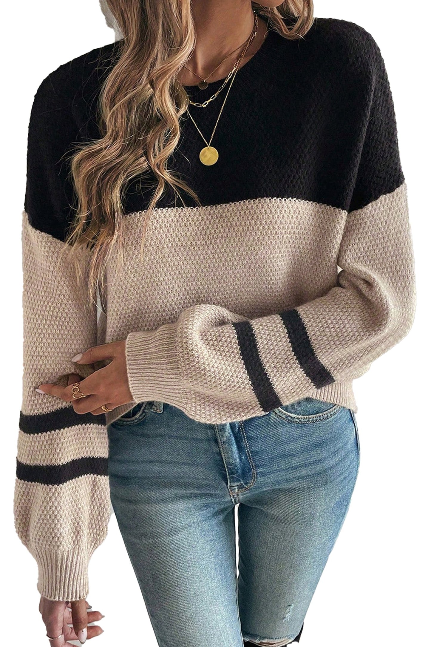 Dark Brown Color Block Sweater For Women