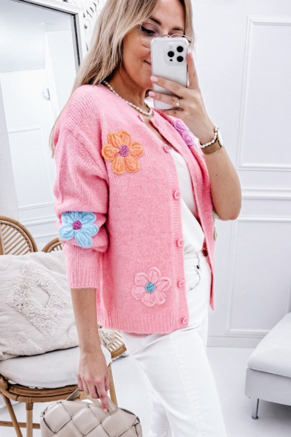 Pink Floral Knit Cardigan For Trendy Looks