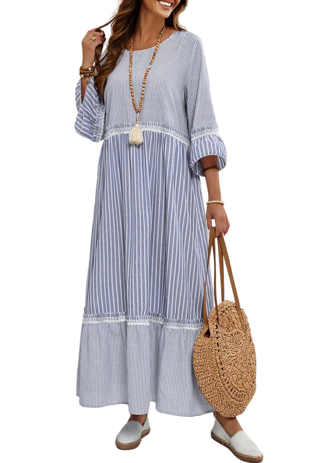 Sky Blue Striped Maxi Dress Flowy Boho Lace