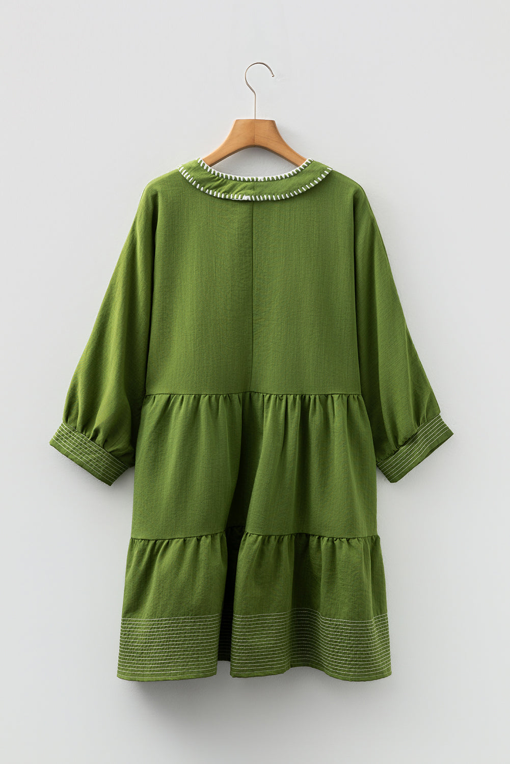 Jungle Green Mini Dress, Flowy Tiered V-Neck