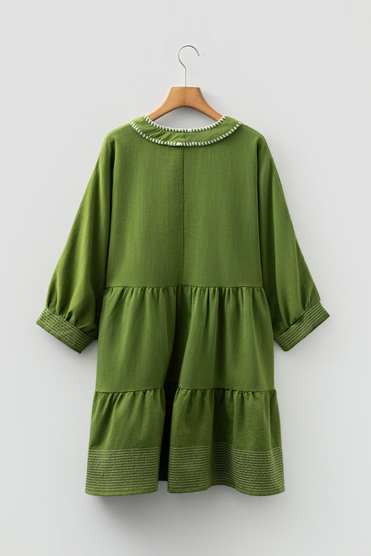 Jungle Green Mini Dress, Flowy Tiered V-Neck