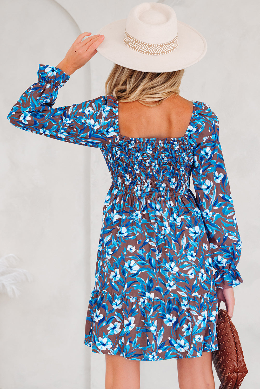 Blue Floral Smocked Dress Puff Sleeve Mini