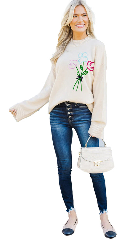 White Embroidered Flower Sweater