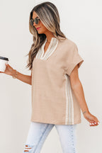 Parchment Crochet Lace Accent Pullover Rolled Short Sleeve Blouse