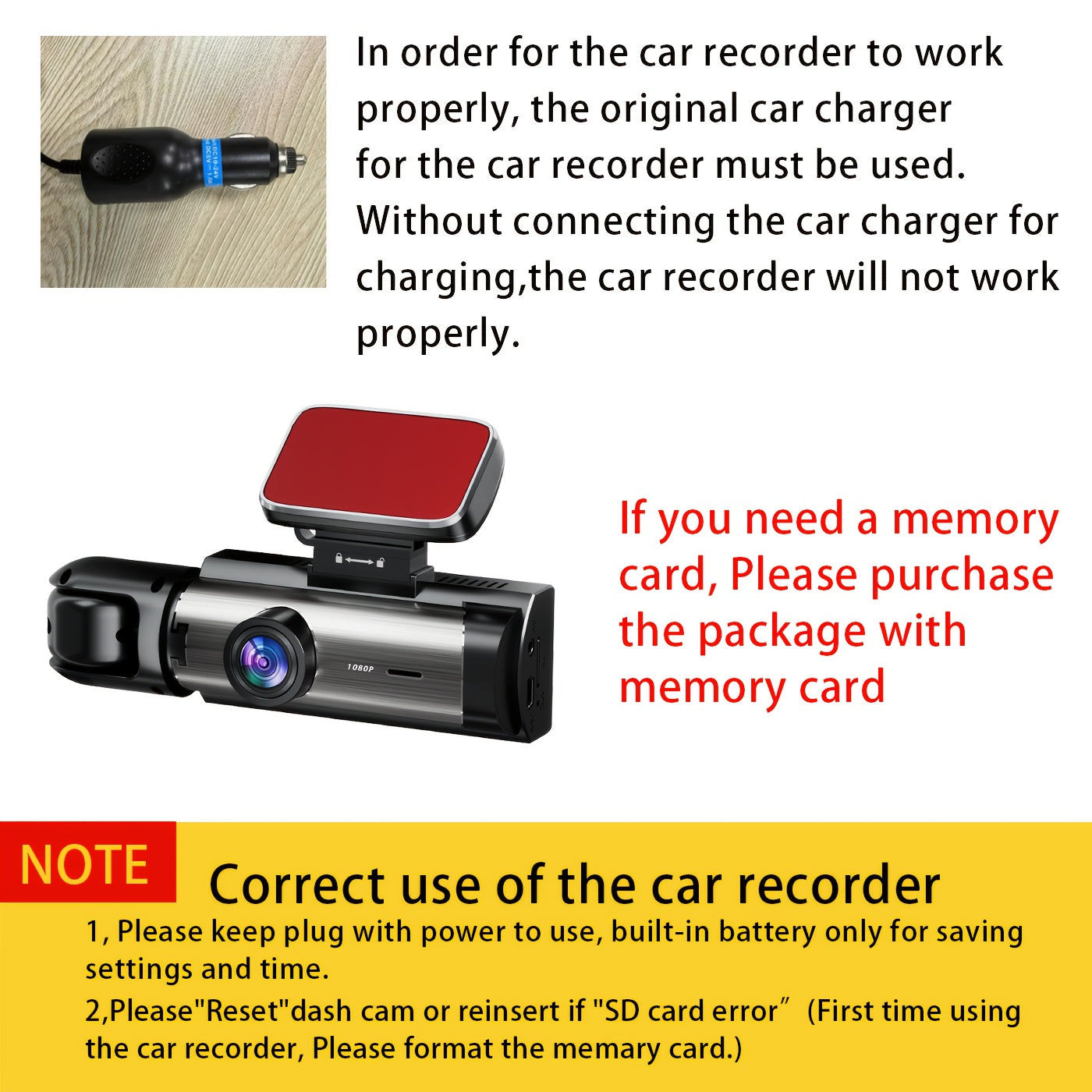 1080p Dual Camera Dash Cam With Memory Card