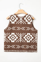 Brown Southwestern Aztec Button Square Neck Sweater Vest