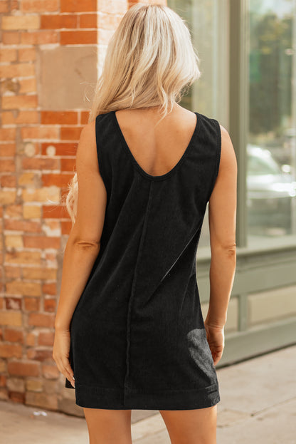 Black Corduroy Mini Dress With Pockets