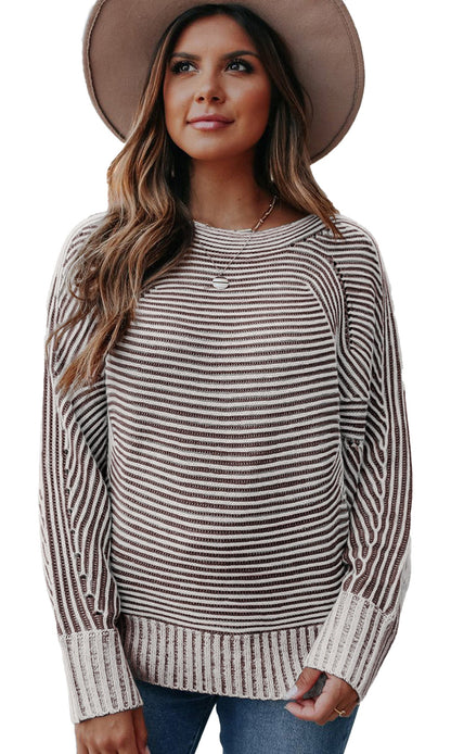 Blue Striped Knit Boat Neck Sweater