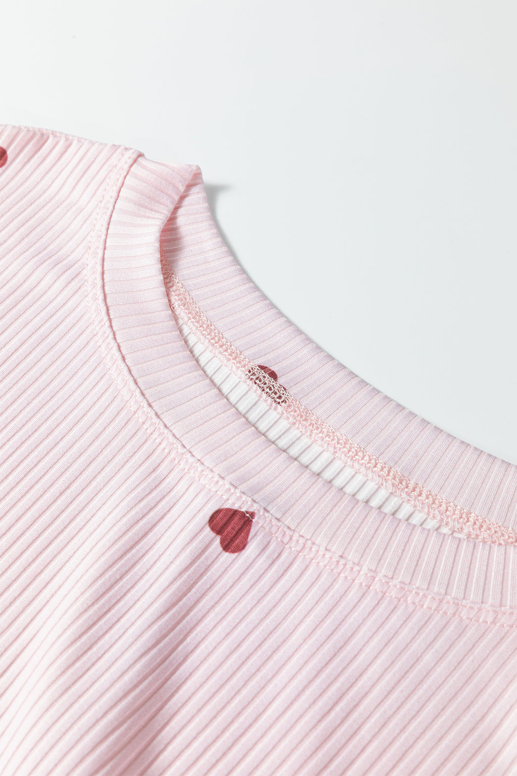 Pink ribbed shorts with heart patterns, perfect for a cozy lounge room set