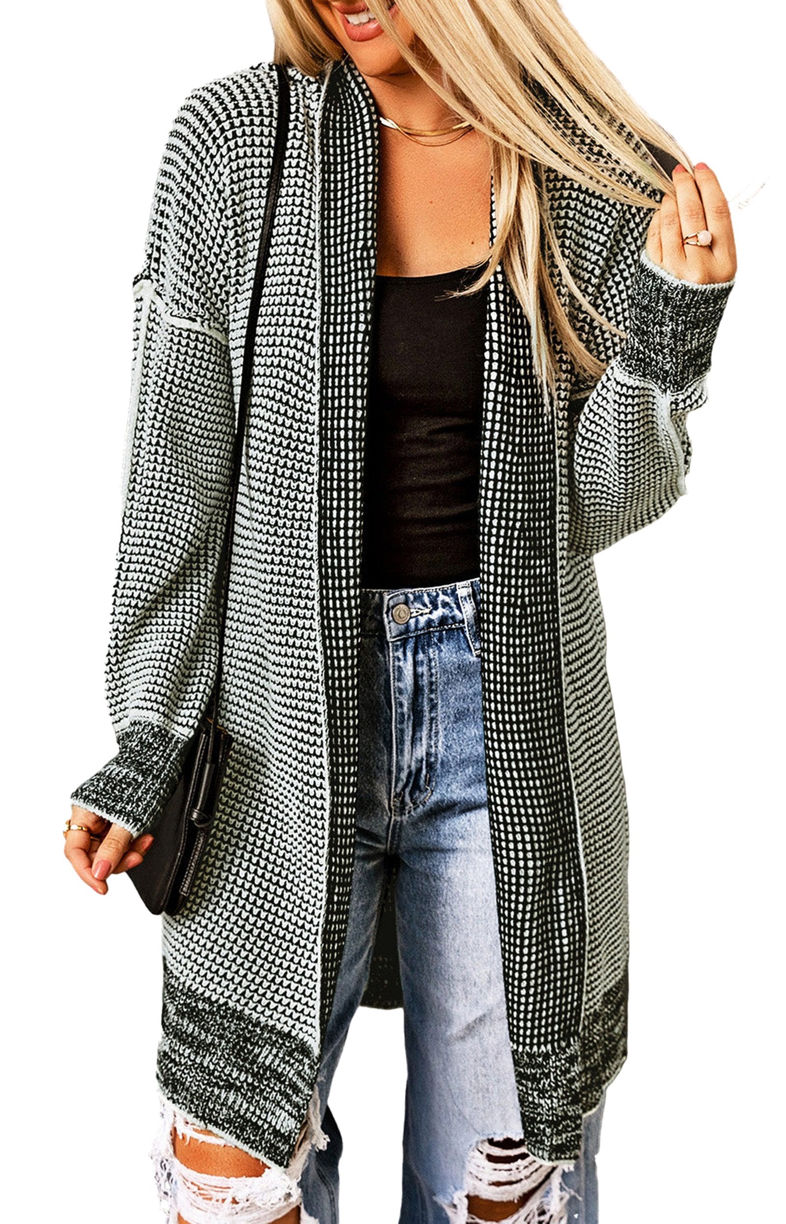 Gray plaid open front cardigan featuring a relaxed fit and stylish long sleeves