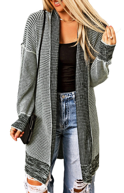 Gray plaid open front cardigan featuring a relaxed fit and stylish long sleeves