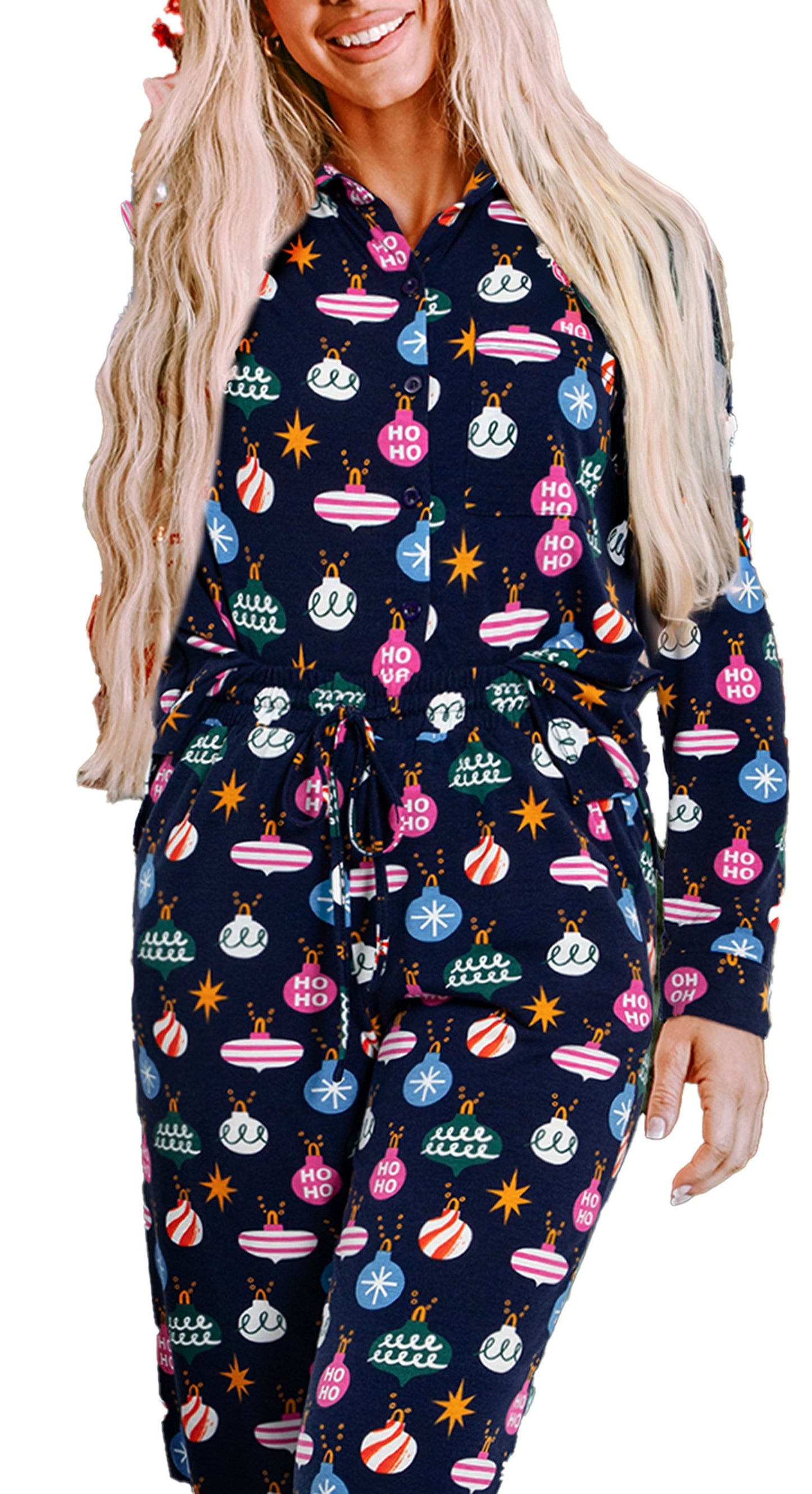 Navy Blue Christmas Pajama Set For Women