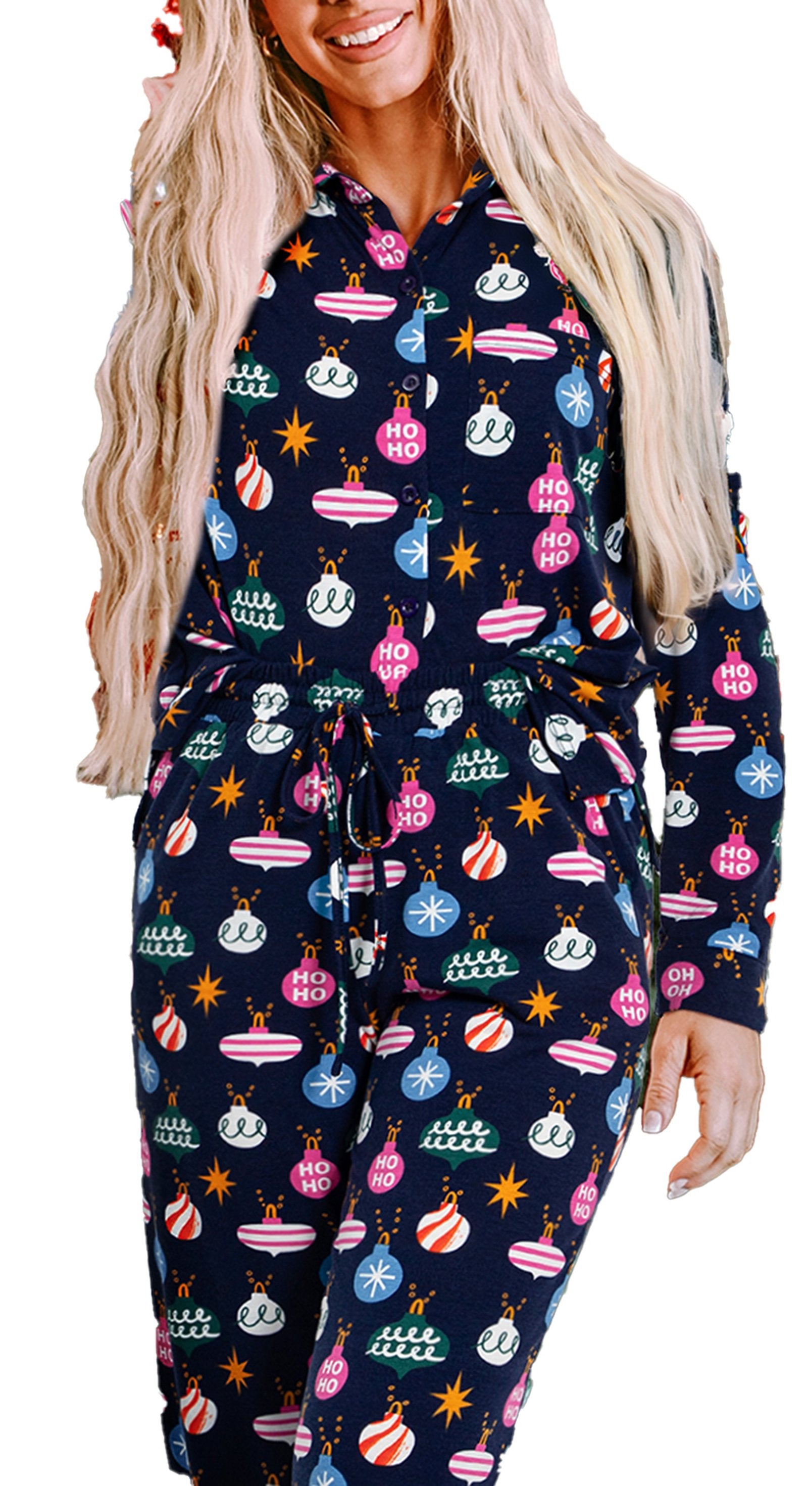 Navy Blue Christmas Pajama Set For Women