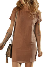 LuckeLadybug blue striped t-shirt dress listing image shows model in brown ribbed pocket tee dress