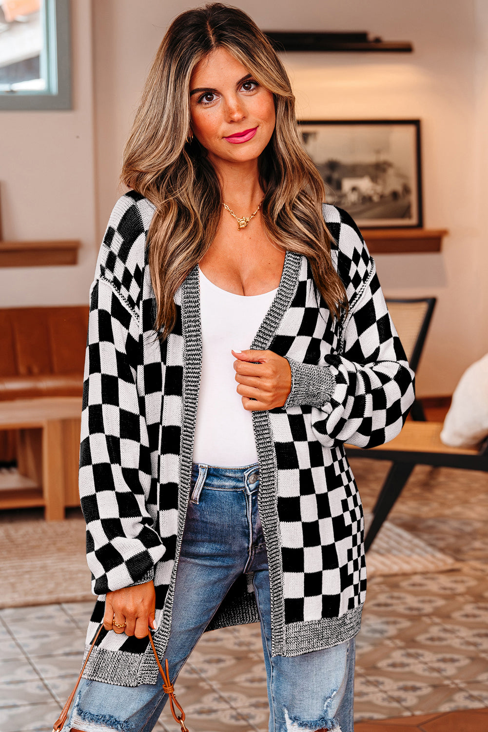Black Checkered Cardigan For Trendy Style