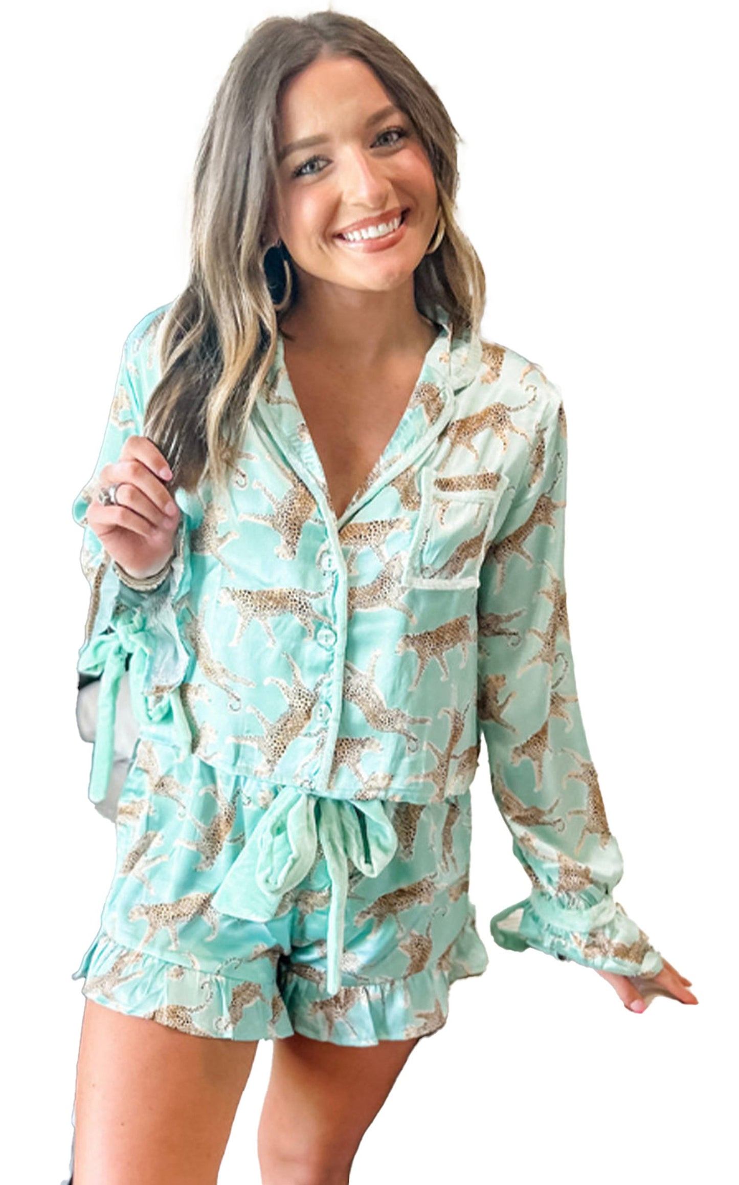 Green Leopard Satin Pajama Set For Women