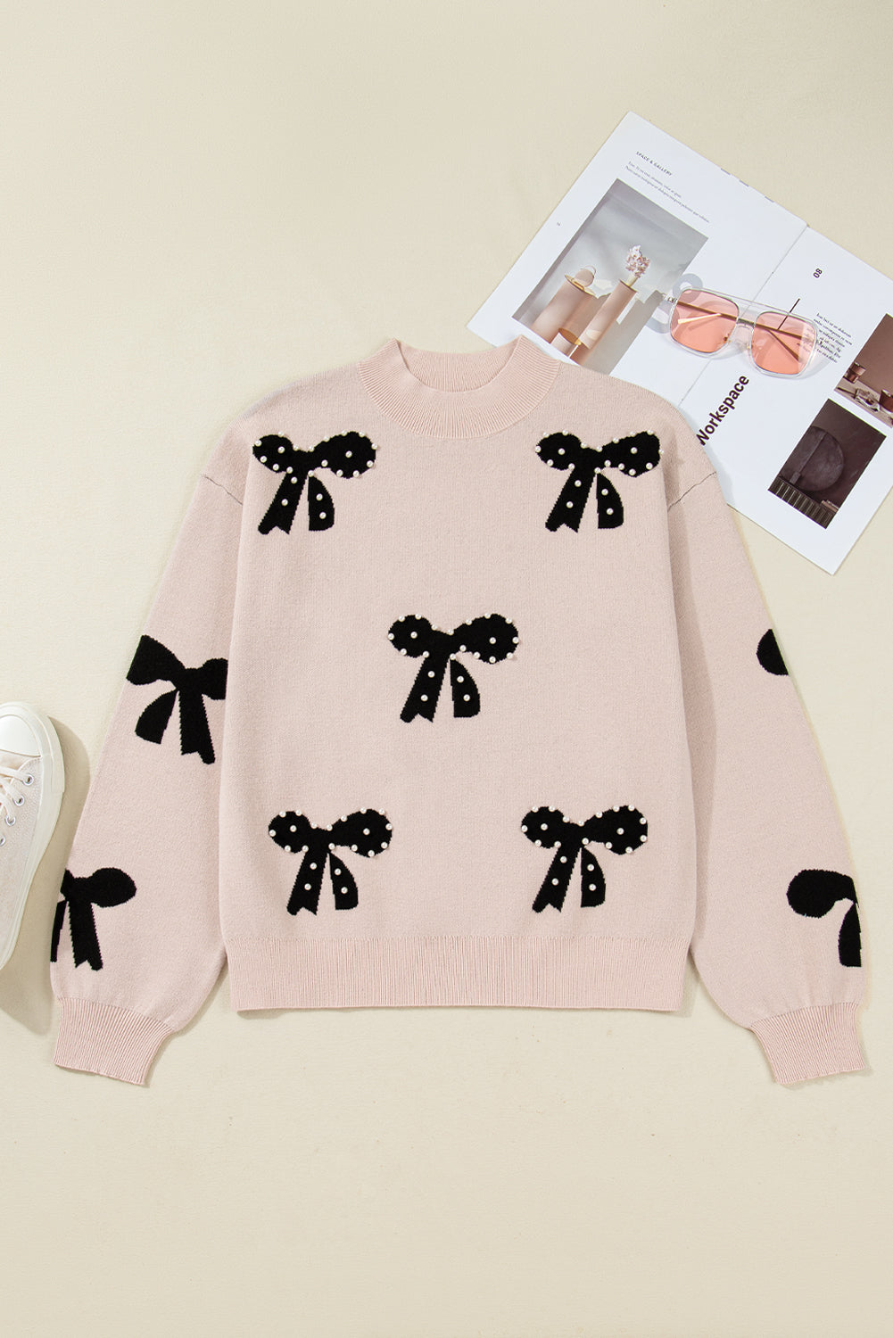 Pearl Embellished Bow Sweater For Chic Style