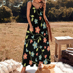 Sling Ankle Long Dress Black Floral Print Women'S Dress