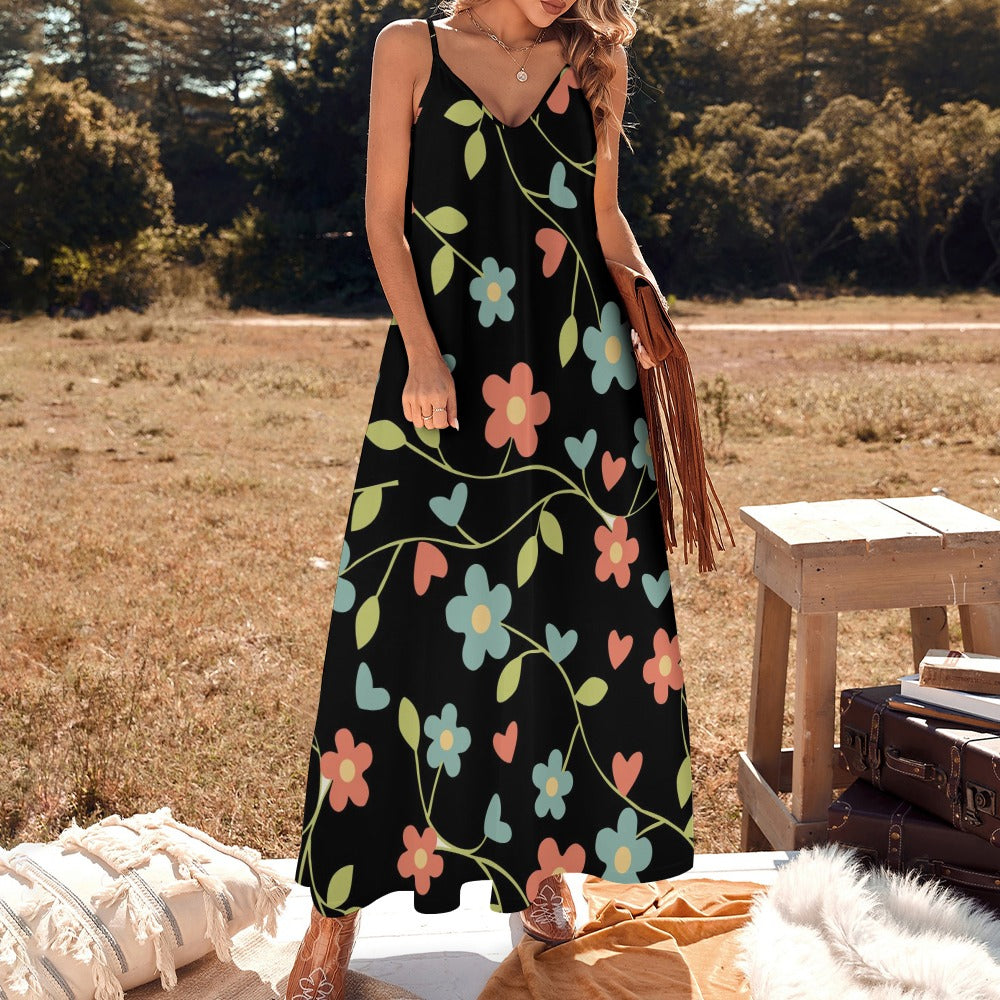 Sling Ankle Long Dress Black Floral Print Women'S Dress