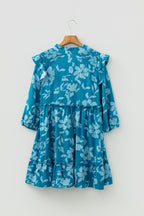 Blue Flower Half Sleeve Tiered Ruffled Mini Dress