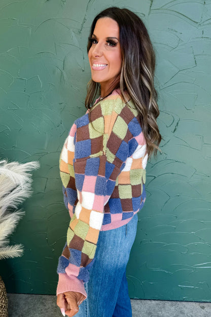Multicolor Checkered Cardigan Sweater