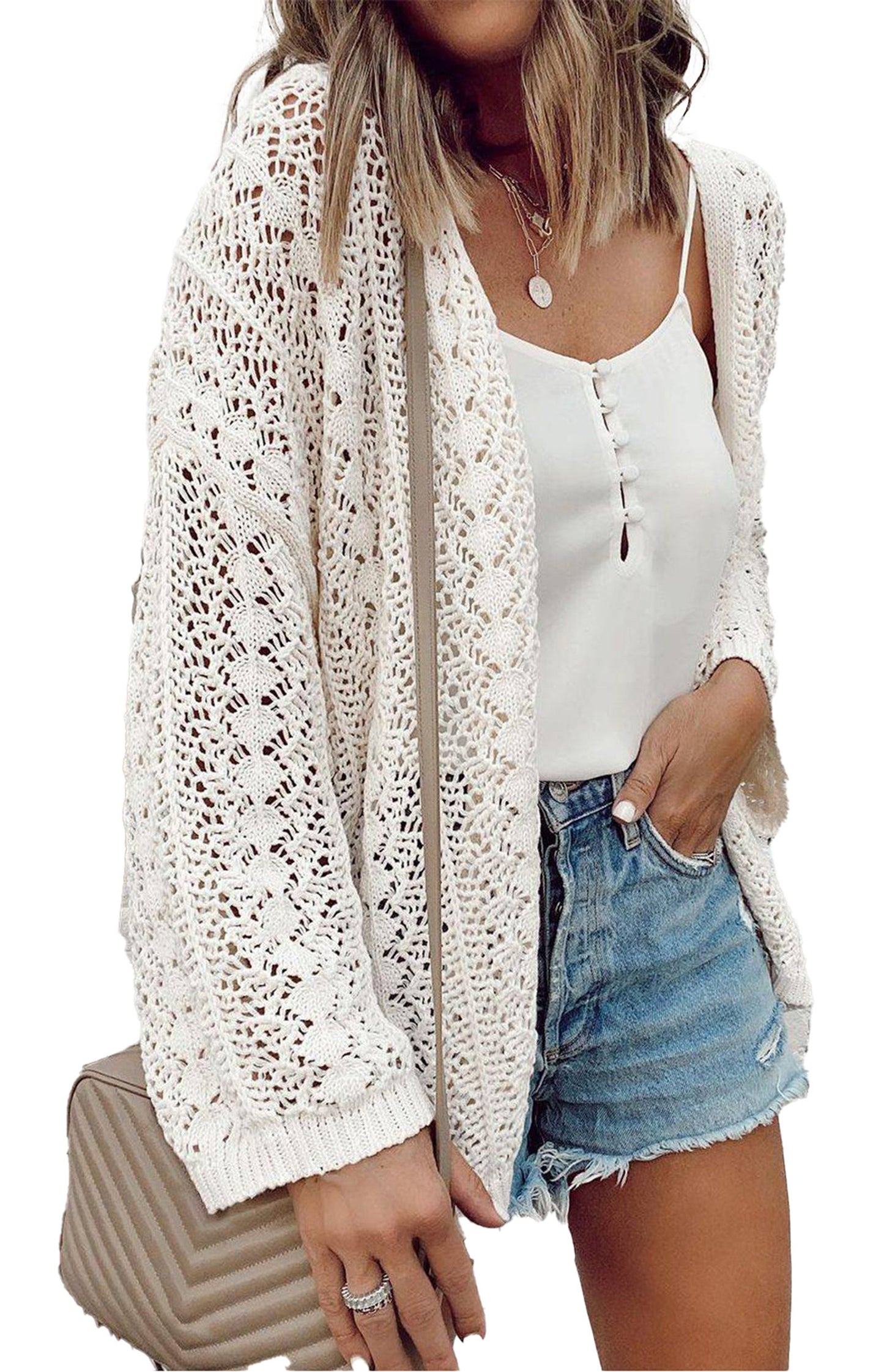 White Knit Hollow Out Cardigan For Trendy Style