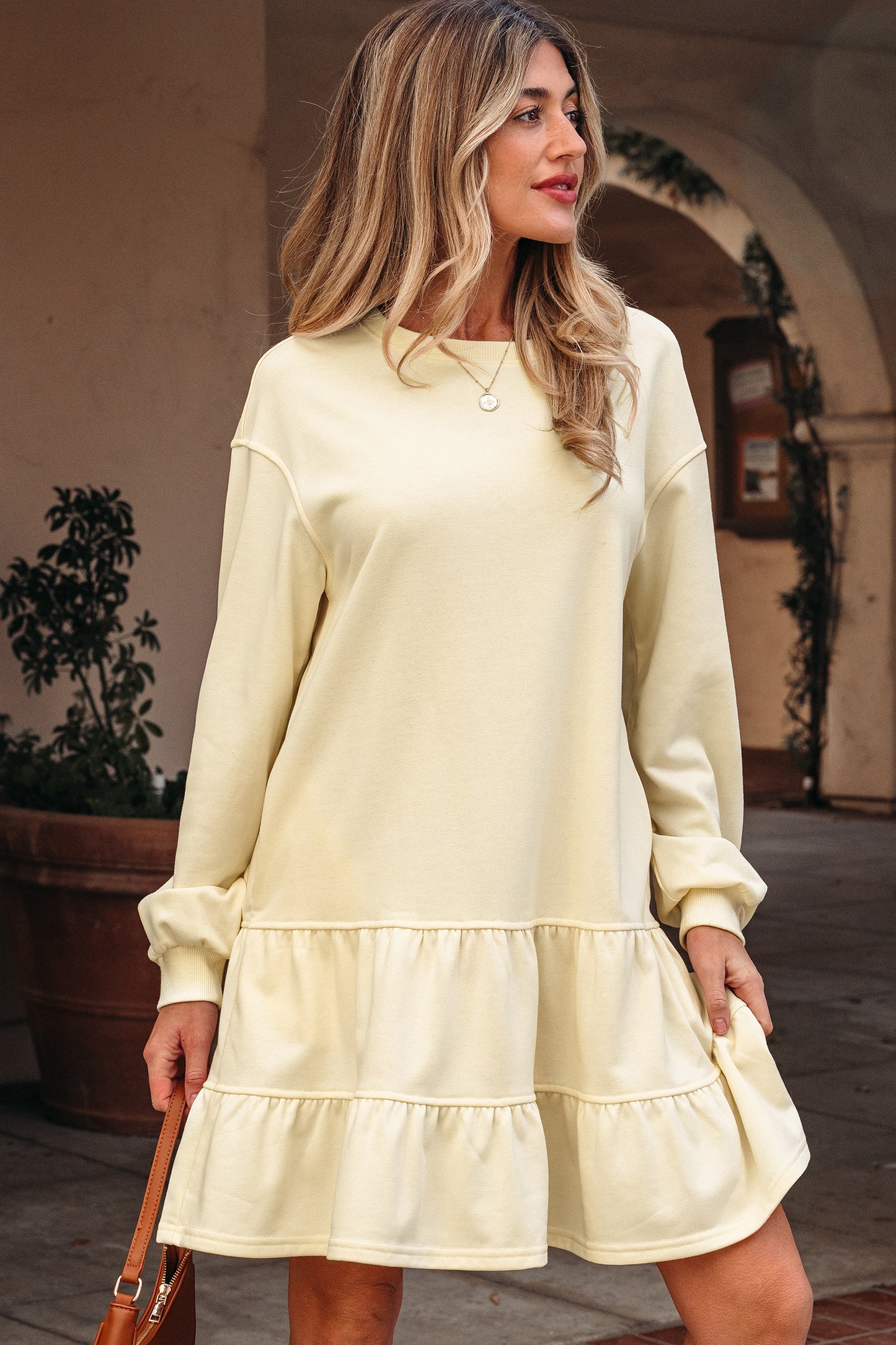 Beige Ruffle Hem Mini Dress Cozy Long Sleeve