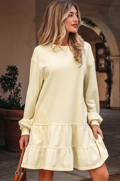 Beige Ruffle Hem Mini Dress Cozy Long Sleeve