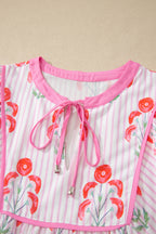 Sky Blue Floral Striped Print Tie Notched Neck Puff Sleeve Flared Mini Dress
