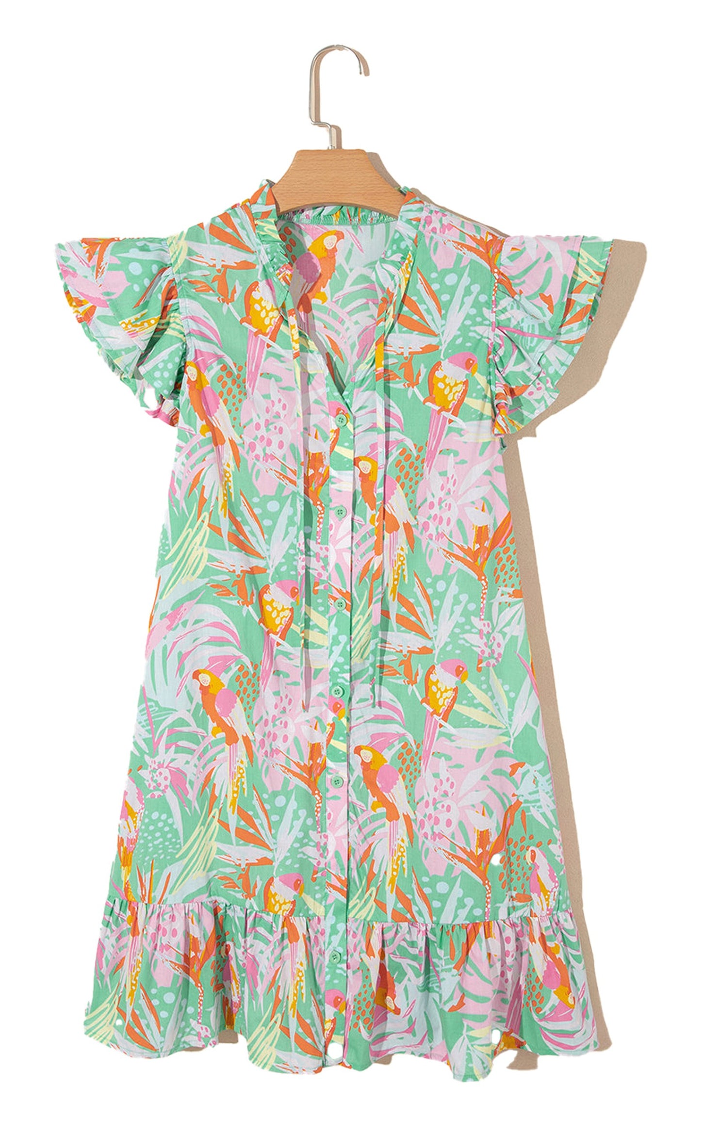 LuckeLadybug H Line pink abstract floral dress with button front flutter ruffle sleeves and tiered hem