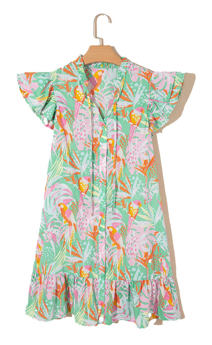 LuckeLadybug H Line pink abstract floral dress with button front flutter ruffle sleeves and tiered hem