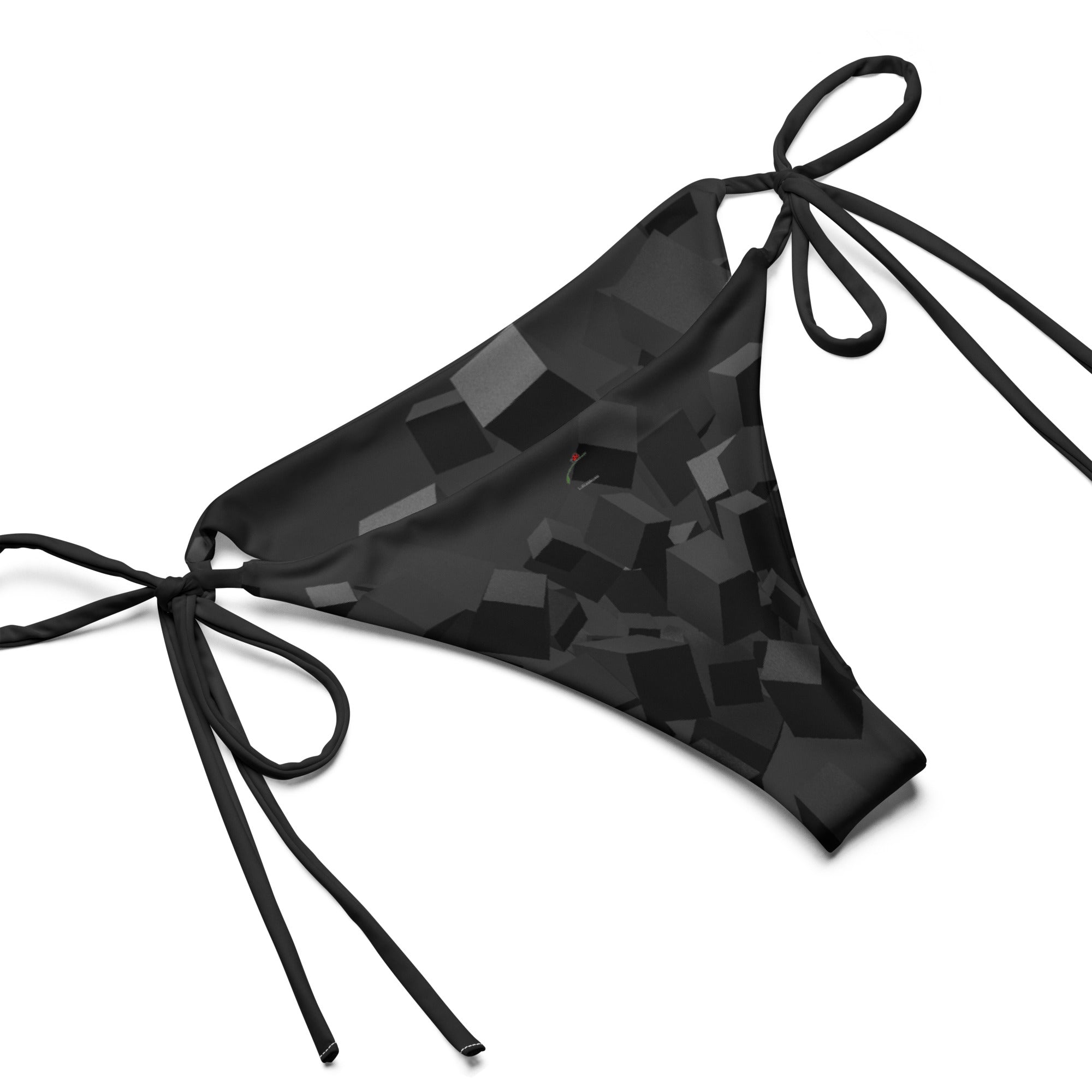 LuckeLadybug eco friendly women's swimwear bikini with a stylish black geometric design and adjustable ties