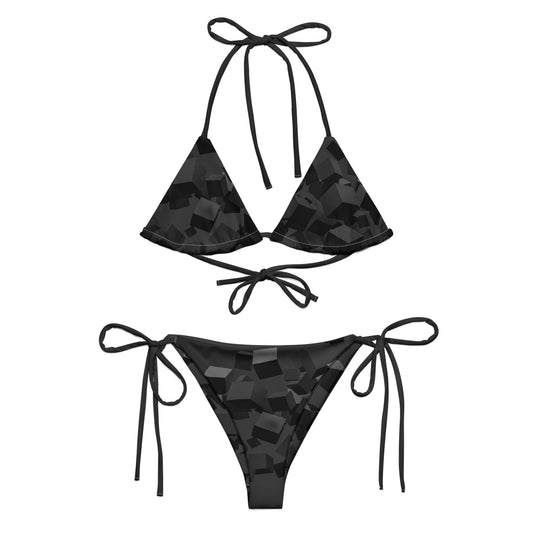 black patterned bikini set featuring eco friendly women's swimwear with adjustable tie straps