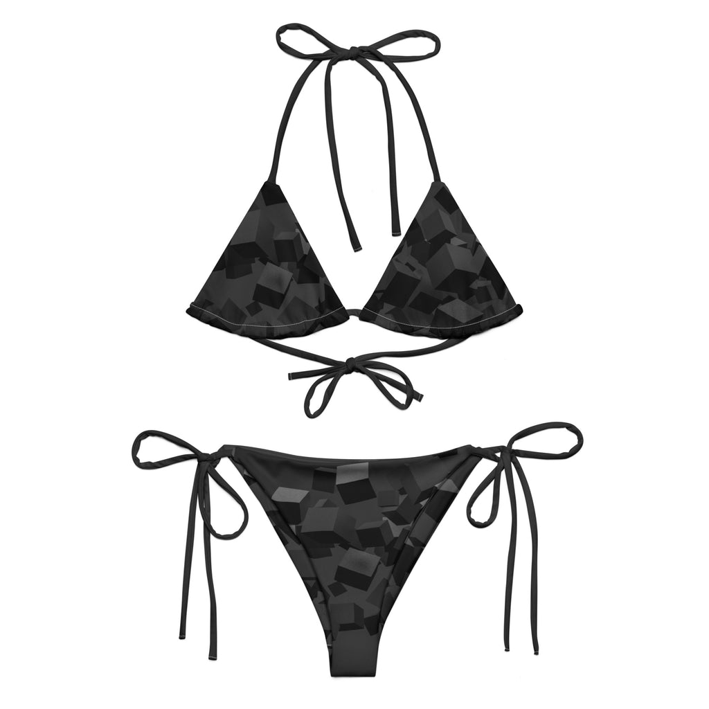 LuckeLadybug eco friendly women's swimwear bikini with black geometric design and tie straps