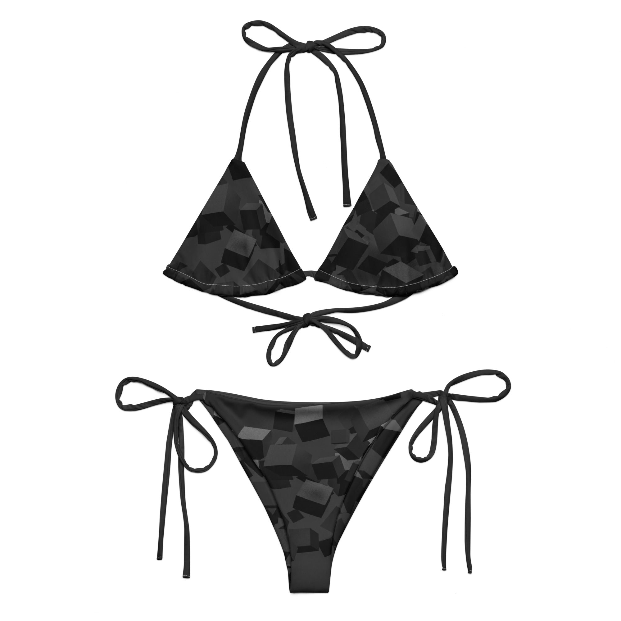 LuckeLadybug eco friendly women's swimwear bikini with black geometric design and tie straps