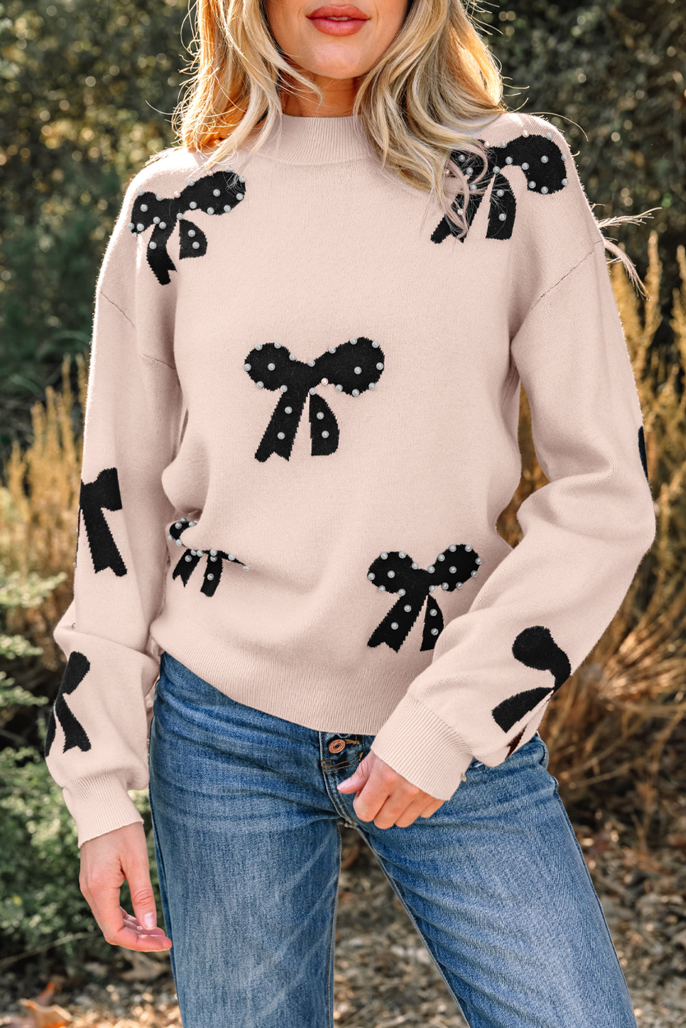 Pearl Embellished Bow Sweater For Chic Style