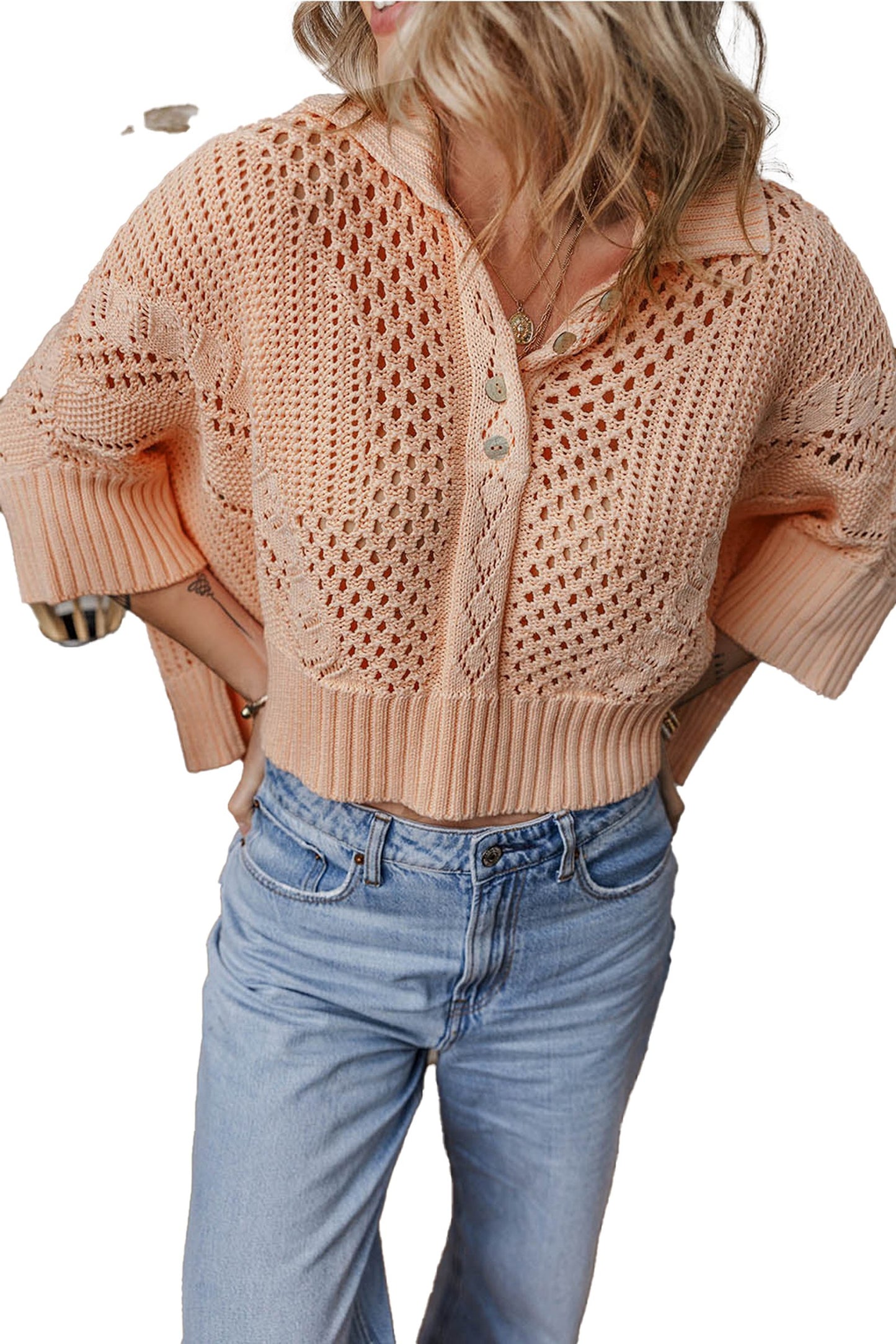 Apricot Pink Hollow Knit Sweater Cardigan