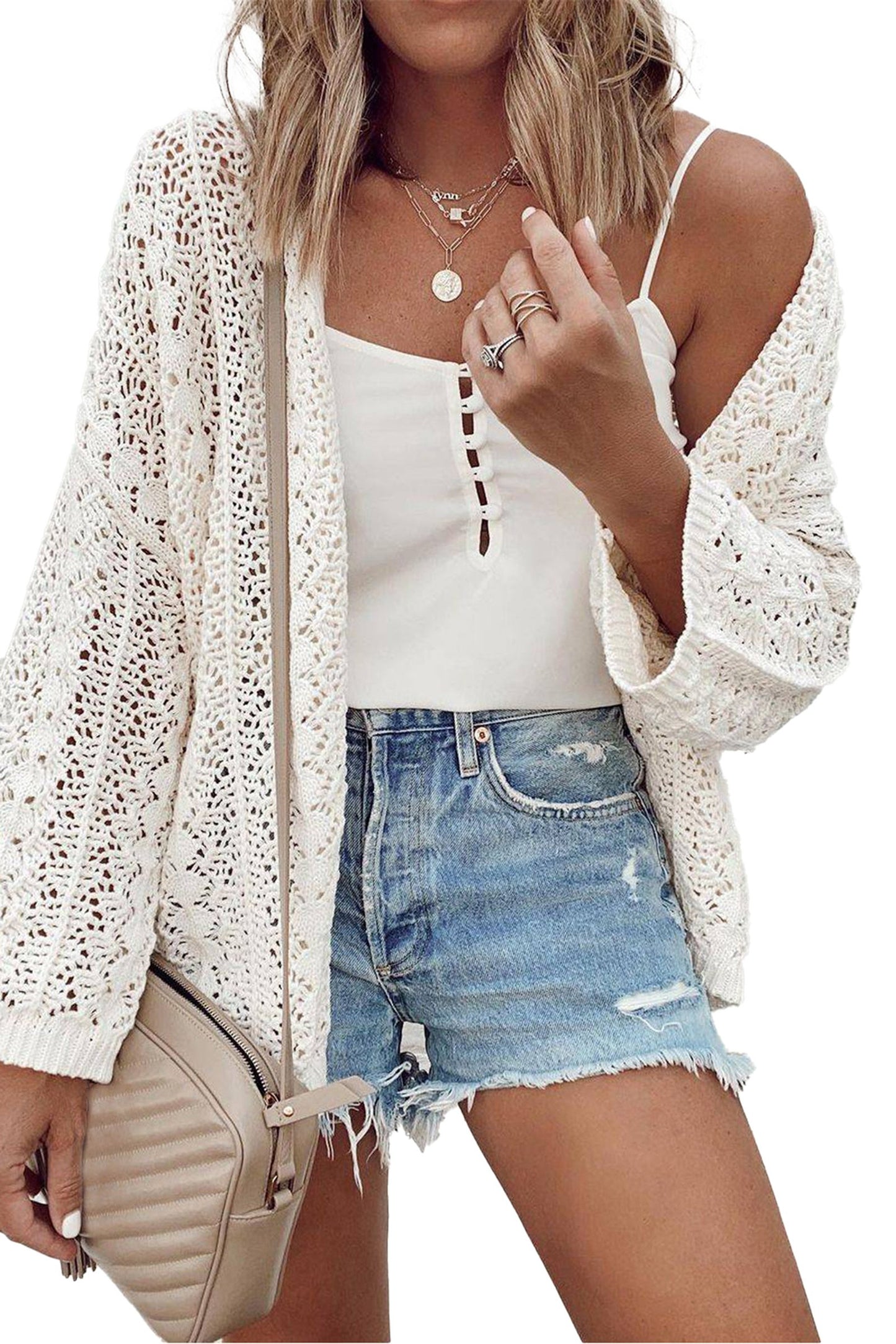 White Knit Hollow Out Cardigan For Trendy Style