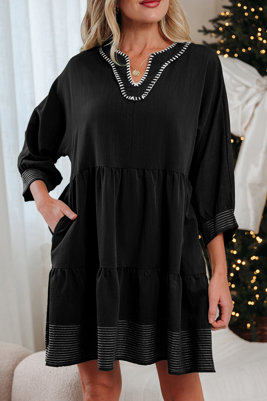 Black Contrast Stitch Mini Dress Tiered V-Neck