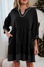 Black Contrast Stitch Mini Dress Tiered V-Neck