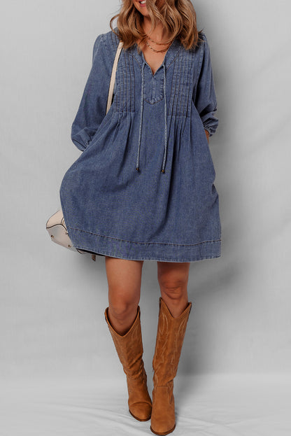 Denim Mini Dress With Tie Neck Long Sleeve