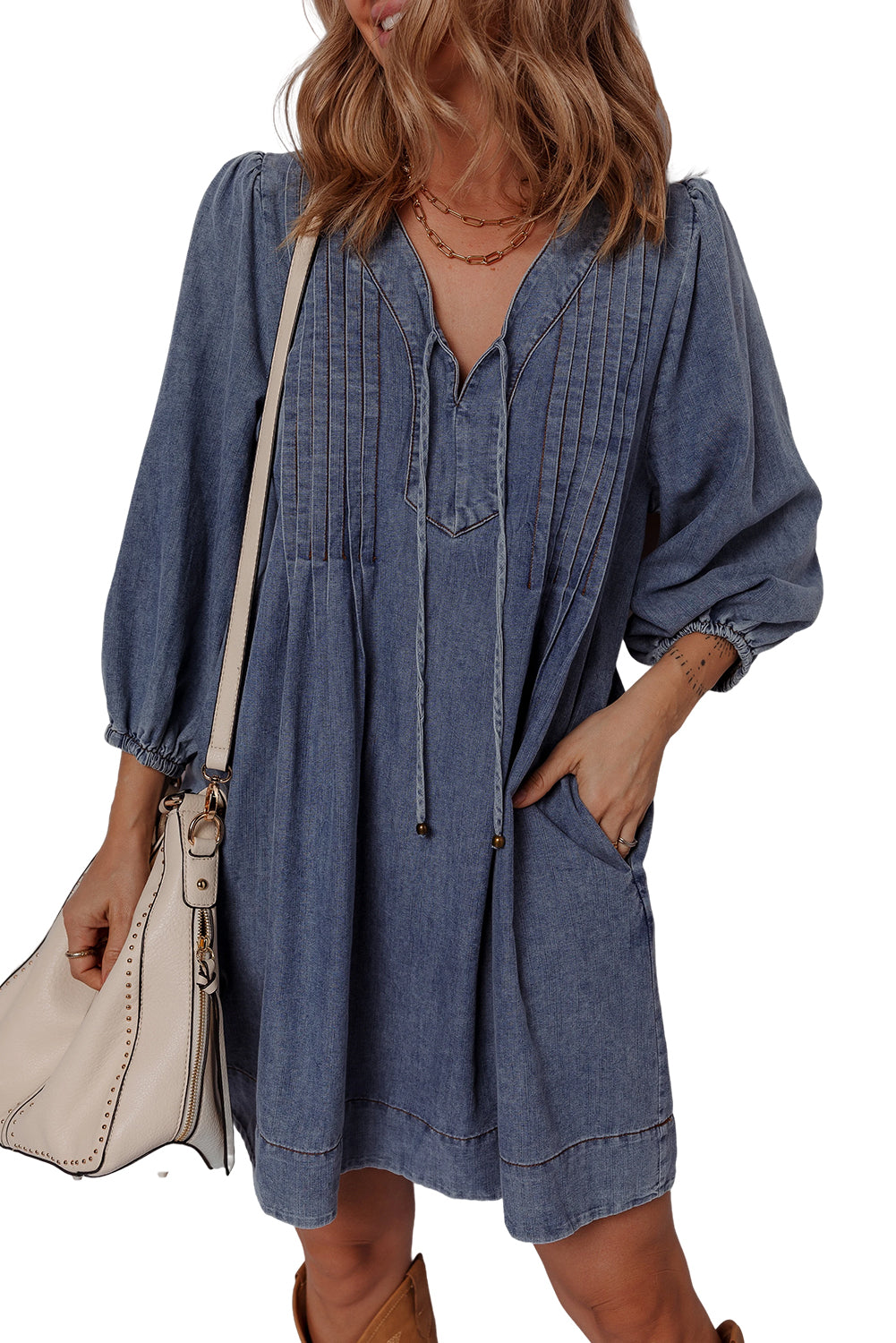 Denim Mini Dress With Tie Neck Long Sleeve