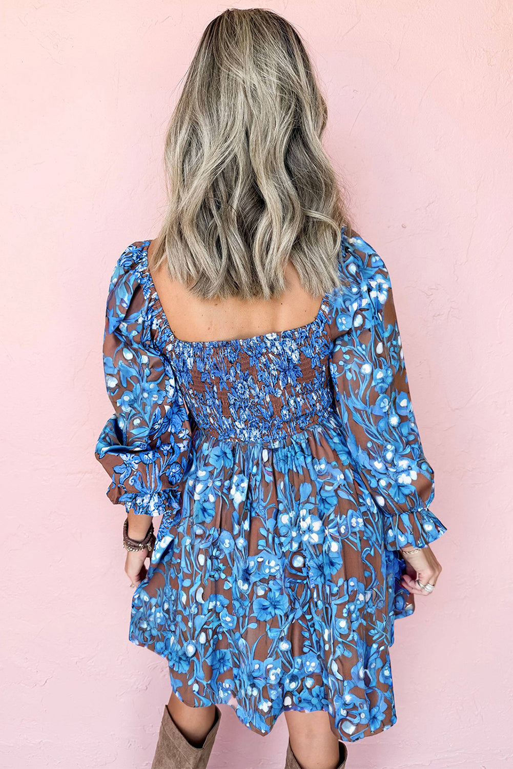 Blue Floral Smocked Dress Puff Sleeve Mini