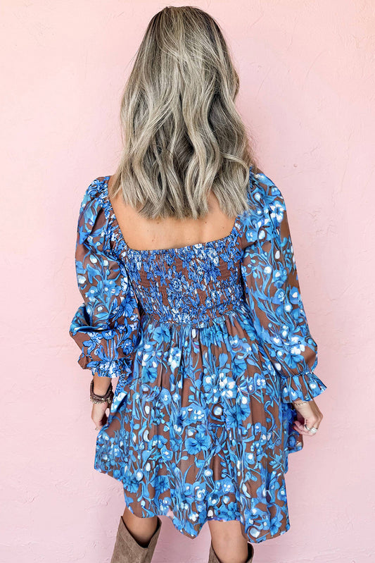 Blue Floral Smocked Dress Puff Sleeve Mini